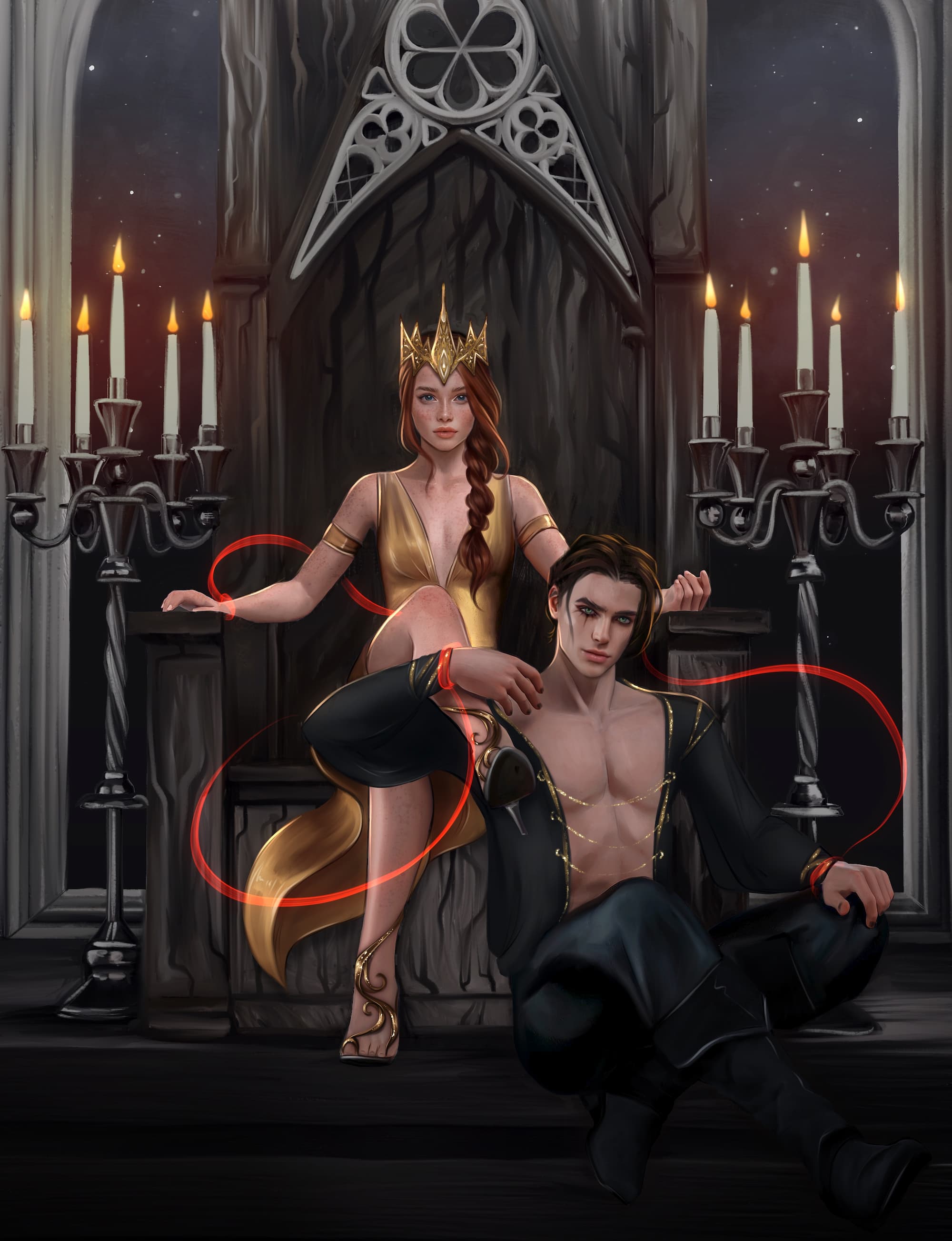 A hot couple on throne with red ribbon